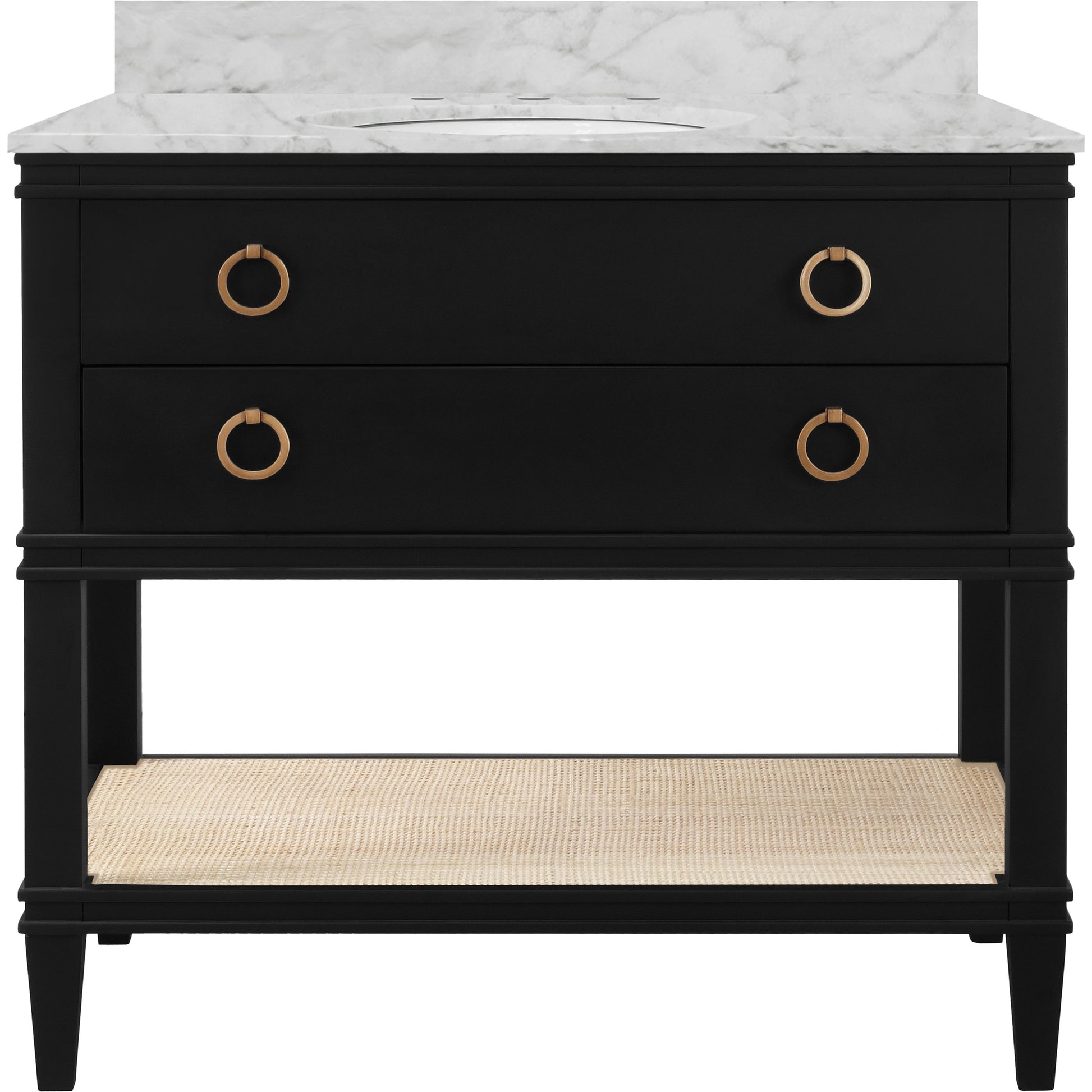 Cutler 36" Bath Vanity by Worlds Away. Made from hardwood solids, mdf, veneer, rattan, metal, marble, porcelain in a transitional style.