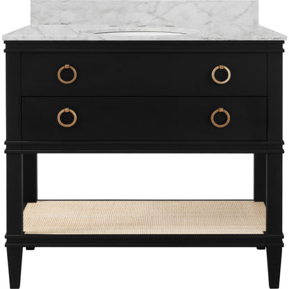 Cutler 36" Bath Vanity by Worlds Away. Made from hardwood solids, mdf, veneer, rattan, metal, marble, porcelain in a transitional style.
