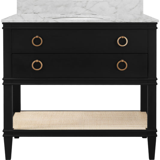 Cutler 36" Bath Vanity by Worlds Away. Made from hardwood solids, mdf, veneer, rattan, metal, marble, porcelain in a transitional style.