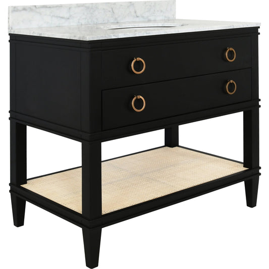 Cutler 36" Bath Vanity by Worlds Away. Made from hardwood solids, mdf, veneer, rattan, metal, marble, porcelain in a transitional style.