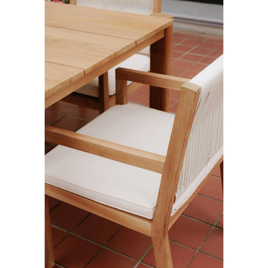 Luce Outdoor Dining Chair by Moe's Home Collection in natural and natural. Made from solid teak frame, synthetic wicker, 100% polyester upholstery, foam cushion in a coastal style.