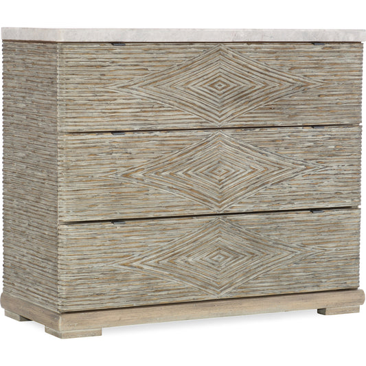 Amani Chest by Hooker Furniture in brie. Made from pecan, maple, oak veneers, cedar, marble in a eclectic & global style.