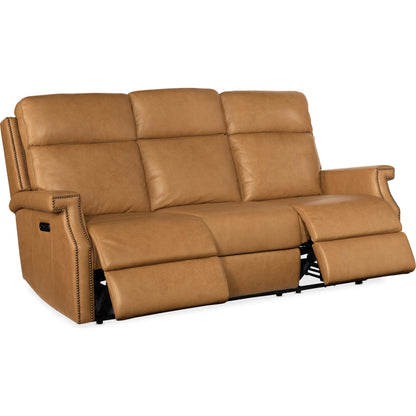Vaughn Zero Gravity Sofa by Hooker Furniture in shattered stone. Made from leather in a traditional style.