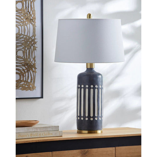 Covea Accent Lamp - 498970 by Surya in gray and antiqued. Made from body: cement, base: metal, shade (outside): linen, shade (inside): polyester, finial: metal in a modern style.