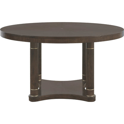 Asher Park Round Dining Table by Pulaski Furniture in piano brown. Made from eucalyptus veneers in a unique style.
