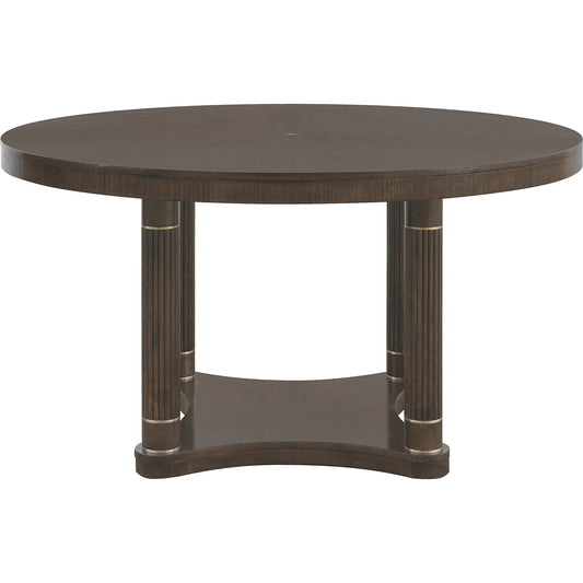 Asher Park Round Dining Table by Pulaski Furniture in piano brown. Made from eucalyptus veneers in a unique style.