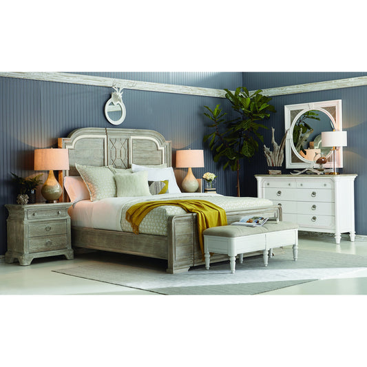 Summer Creek Light Keeper's Bedside Chest by A.R.T. Furniture in gray and scrubbed oak. Made from flakey cathedral oak veneer, parawood solids in a traditional style.