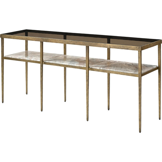 Cavalli Console Table by Surya in metallic brass, brown, cream and lacquered, brass, electroplated, tinted. Made from glass, marble, iron in a unique style.