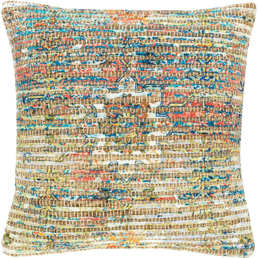 Coventry Pillow - 17096 by Livabliss in light green, saffron, aqua, orange, burnt orange. Made from front: 65% jute, 25% polyester, 10% cotton, back: 100% cotton in a modern style.