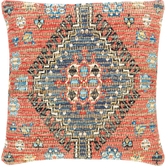 Coventry Pillow - 20641 by Livabliss in red, mustard, dark blue, light blue, ink blue, deep teal. Made from front: 65% jute, 25% polyester, 10% cotton, back: 100% cotton in a modern style.