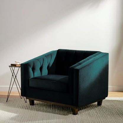 Cheviot Accent Chair- 359574 by Surya in emerald, brown and wood finish. Made from polyester, pine, polyurethane foam, dacron in a modern style.