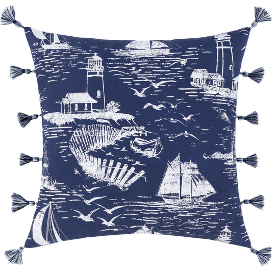 Castaway Pillow - 28622 by Surya in ink blue, off-white, dark blue. Made from 100% cotton in a coastal style.