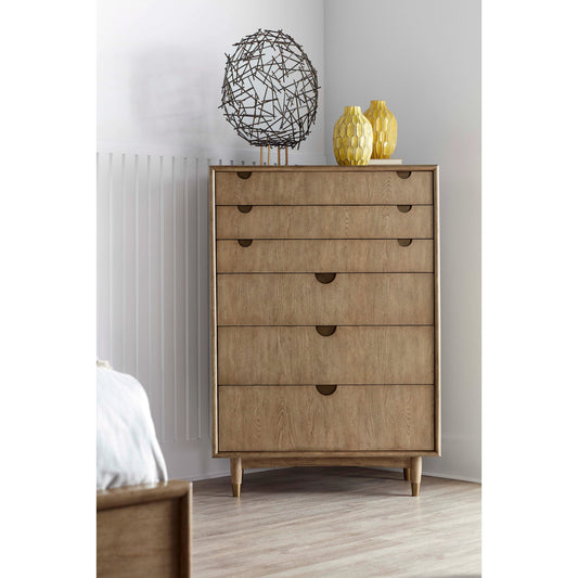 Finn Drawer Chest by A.R.T. Furniture in tawny. Made from parawood solids, elm veneer, metal in a modern style.