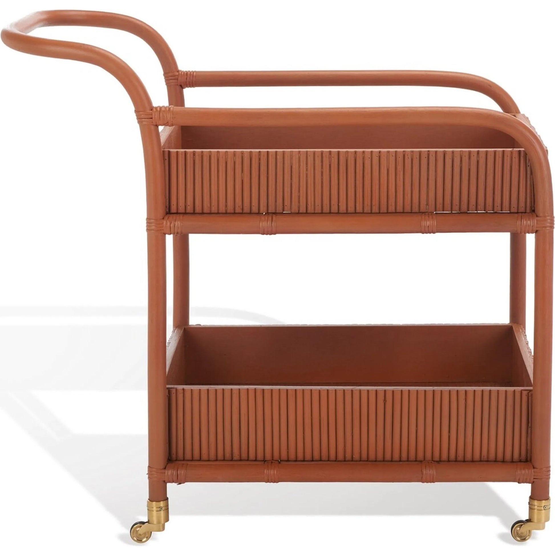 Mulberry Rattan Pole Barcart by HedgeApple Essentials in amber. Made from rattan pole frame, rattan core, plywood brass in a cottage & farmhouse style.