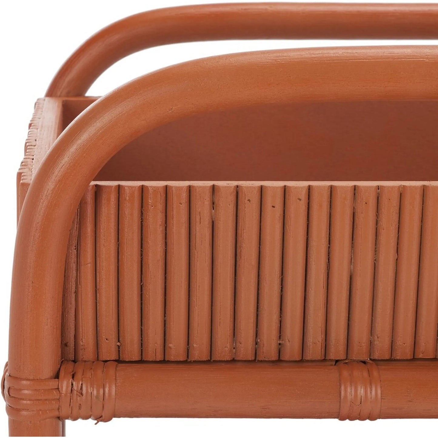 005 SI-2185965 | Closeup | Mulberry Rattan Pole Barcart by HedgeApple Essentials in amber. Made from rattan pole frame, rattan core, plywood brass in a cottage & farmhouse style.