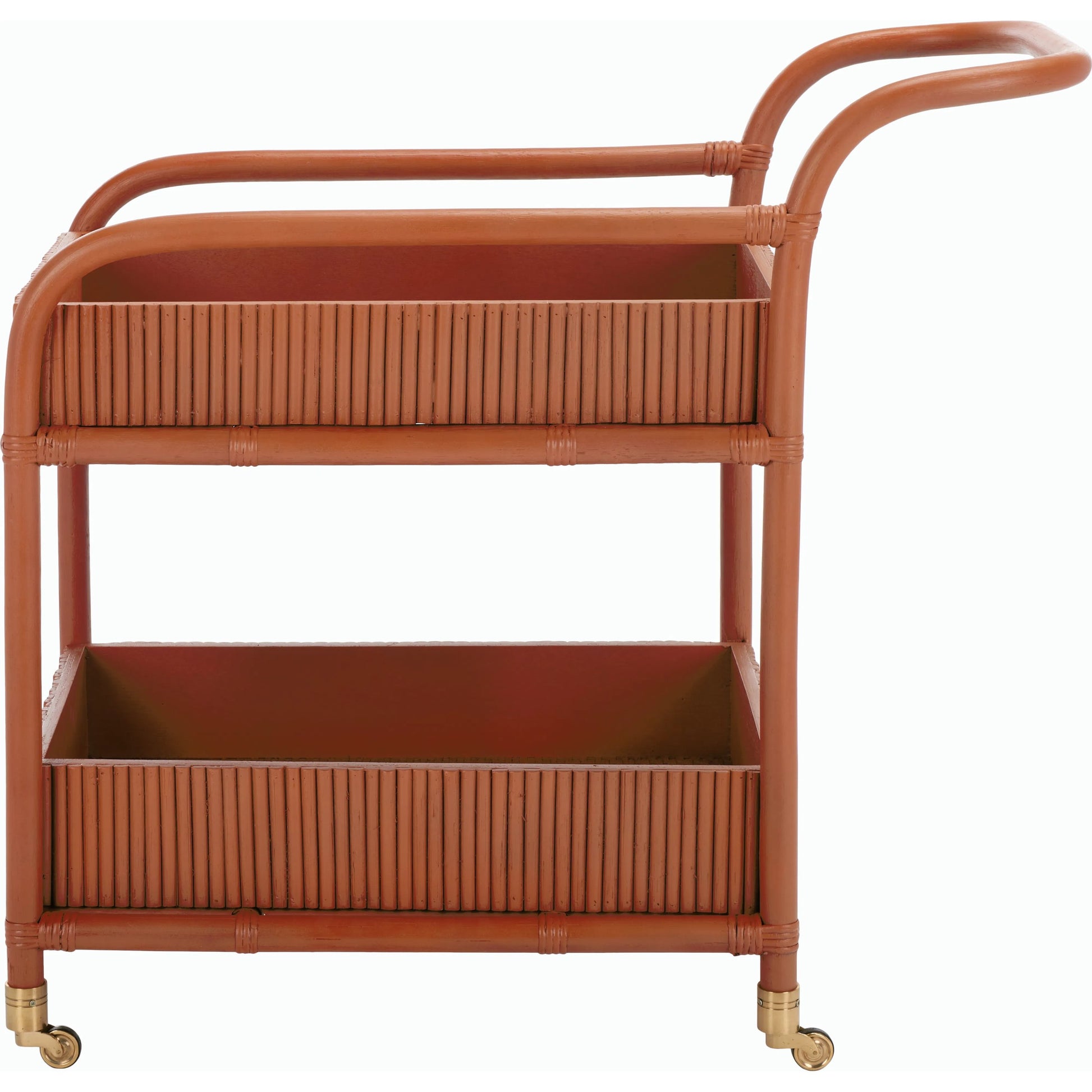 Mulberry Rattan Pole Barcart by HedgeApple Essentials in amber. Made from rattan pole frame, rattan core, plywood brass in a cottage & farmhouse style.