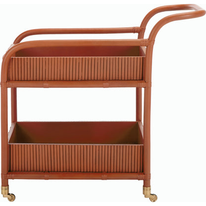 Mulberry Rattan Pole Barcart by HedgeApple Essentials in amber. Made from rattan pole frame, rattan core, plywood brass in a cottage & farmhouse style.