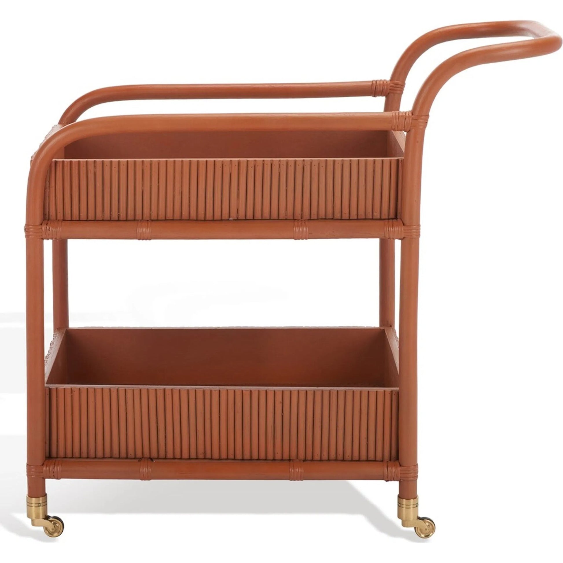 Mulberry Rattan Pole Barcart by HedgeApple Essentials in amber. Made from rattan pole frame, rattan core, plywood brass in a cottage & farmhouse style.