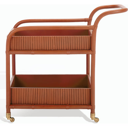 Mulberry Rattan Pole Barcart by HedgeApple Essentials in amber. Made from rattan pole frame, rattan core, plywood brass in a cottage & farmhouse style.