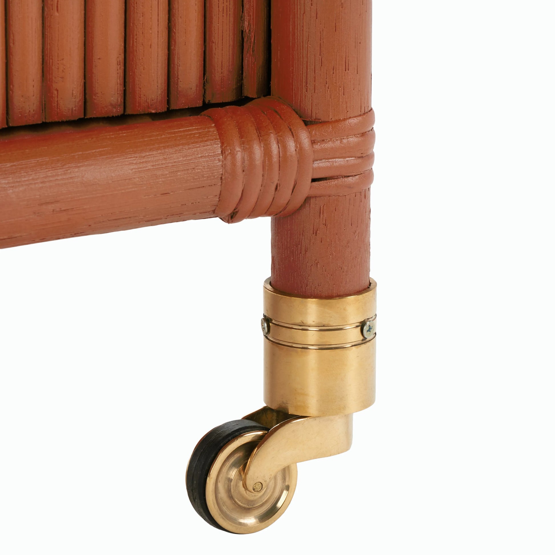 Mulberry Rattan Pole Barcart by HedgeApple Essentials in amber. Made from rattan pole frame, rattan core, plywood brass in a cottage & farmhouse style.