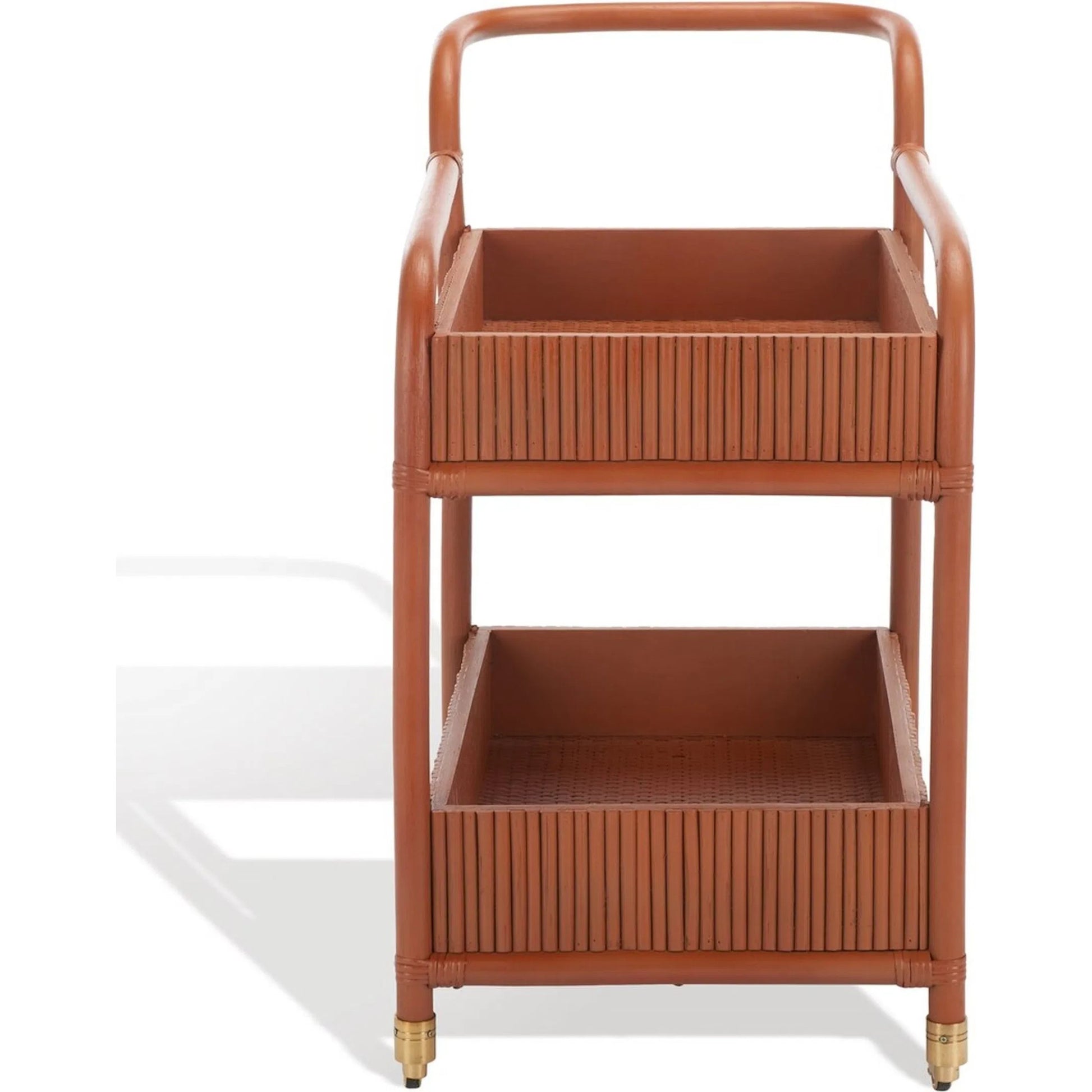 Mulberry Rattan Pole Barcart by HedgeApple Essentials in amber. Made from rattan pole frame, rattan core, plywood brass in a cottage & farmhouse style.