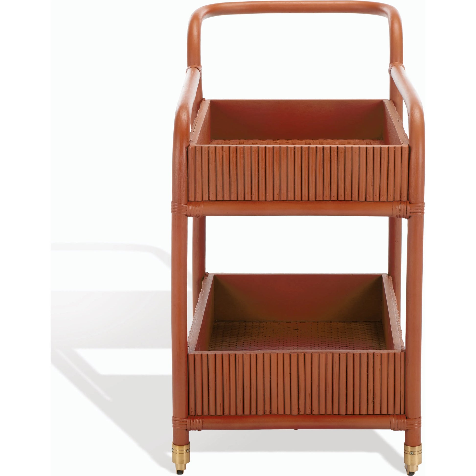 Mulberry Rattan Pole Barcart by HedgeApple Essentials in amber. Made from rattan pole frame, rattan core, plywood brass in a cottage & farmhouse style.