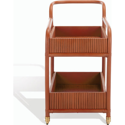 Mulberry Rattan Pole Barcart by HedgeApple Essentials in amber. Made from rattan pole frame, rattan core, plywood brass in a cottage & farmhouse style.