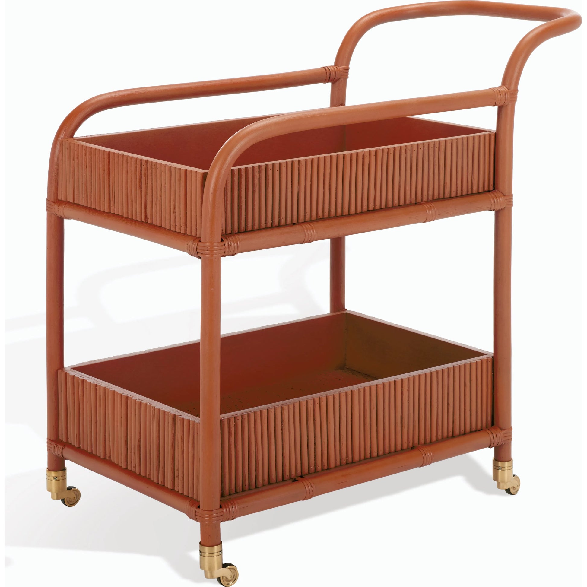 Mulberry Rattan Pole Barcart by HedgeApple Essentials in amber. Made from rattan pole frame, rattan core, plywood brass in a cottage & farmhouse style.