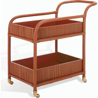 Mulberry Rattan Pole Barcart by HedgeApple Essentials in amber. Made from rattan pole frame, rattan core, plywood brass in a cottage & farmhouse style.