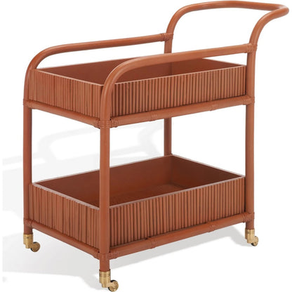 Mulberry Rattan Pole Barcart by HedgeApple Essentials in amber. Made from rattan pole frame, rattan core, plywood brass in a cottage & farmhouse style.