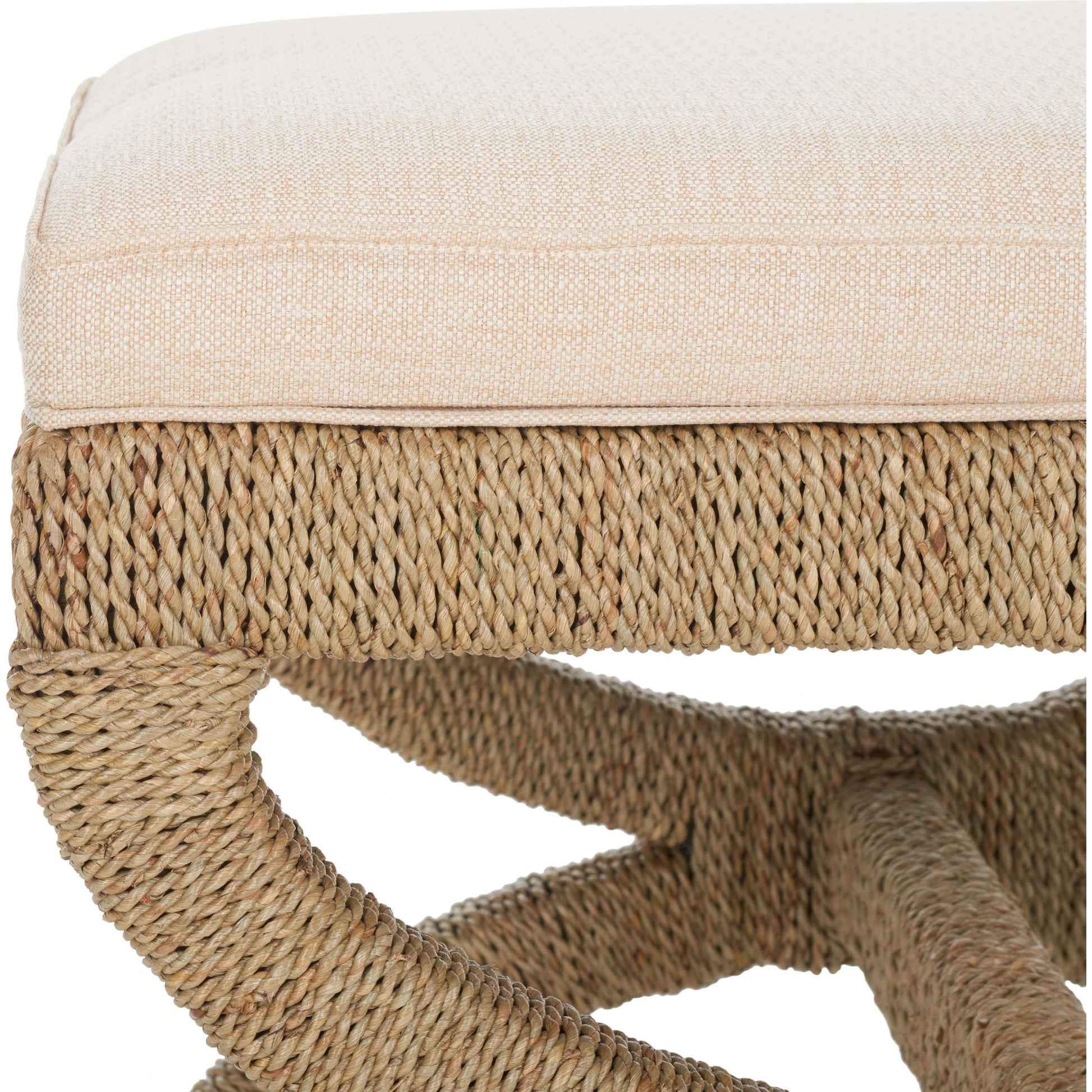 Aikan Woven Sea Grass Ottoman by Safavieh in natural, beige. Made from mahogany wood, linen (100% polyester), abaca, seagrass in a modern style.
