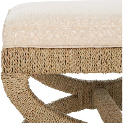 Aikan Woven Sea Grass Ottoman by Safavieh in natural, beige. Made from mahogany wood, linen (100% polyester), abaca, seagrass in a modern style.