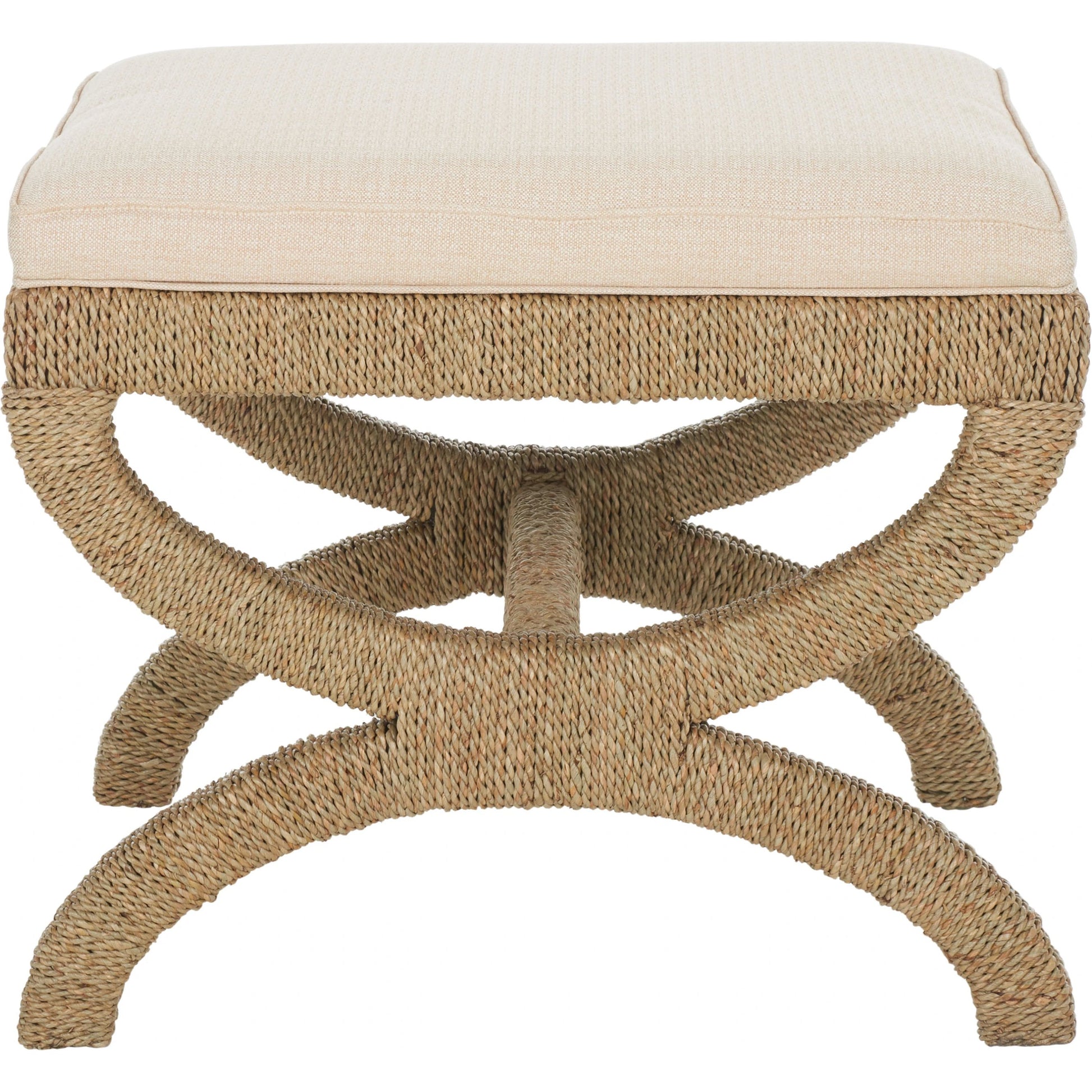 Aikan Woven Sea Grass Ottoman by Safavieh in natural, beige. Made from mahogany wood, linen (100% polyester), abaca, seagrass in a modern style.