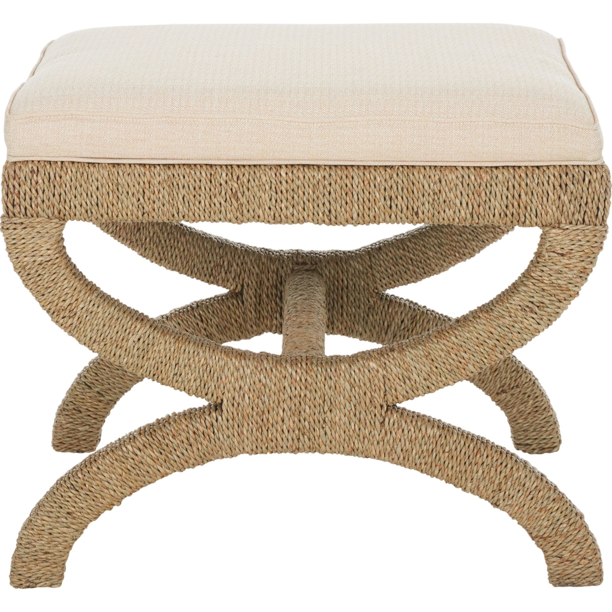 Aikan Woven Sea Grass Ottoman by Safavieh in natural, beige. Made from mahogany wood, linen (100% polyester), abaca, seagrass in a modern style.