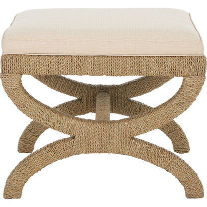 Aikan Woven Sea Grass Ottoman by Safavieh in natural, beige. Made from mahogany wood, linen (100% polyester), abaca, seagrass in a modern style.