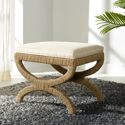 Aikan Woven Sea Grass Ottoman by Safavieh in natural, beige. Made from mahogany wood, linen (100% polyester), abaca, seagrass in a modern style.