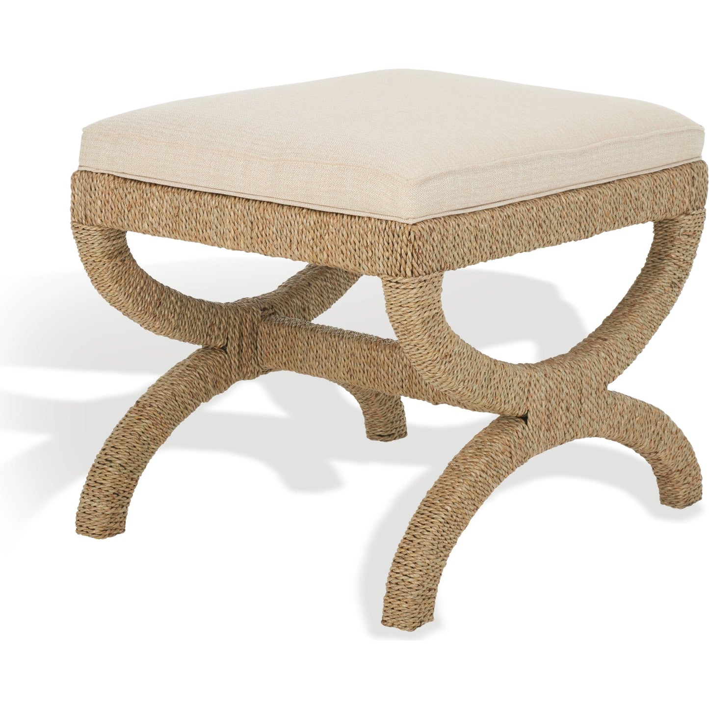 003 SI-2154981 | Primary Silo | Aikan Woven Sea Grass Ottoman by Safavieh in natural, beige. Made from mahogany wood, linen (100% polyester), abaca, seagrass in a modern style.