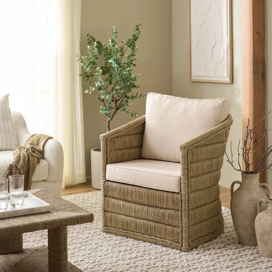 Clarendon Woven Sea Grass Accent Chair by HedgeApple Essentials in natural, white. Made from sea grass, performance linen (100% polyester), foam (eon white d23) in a rustic style.