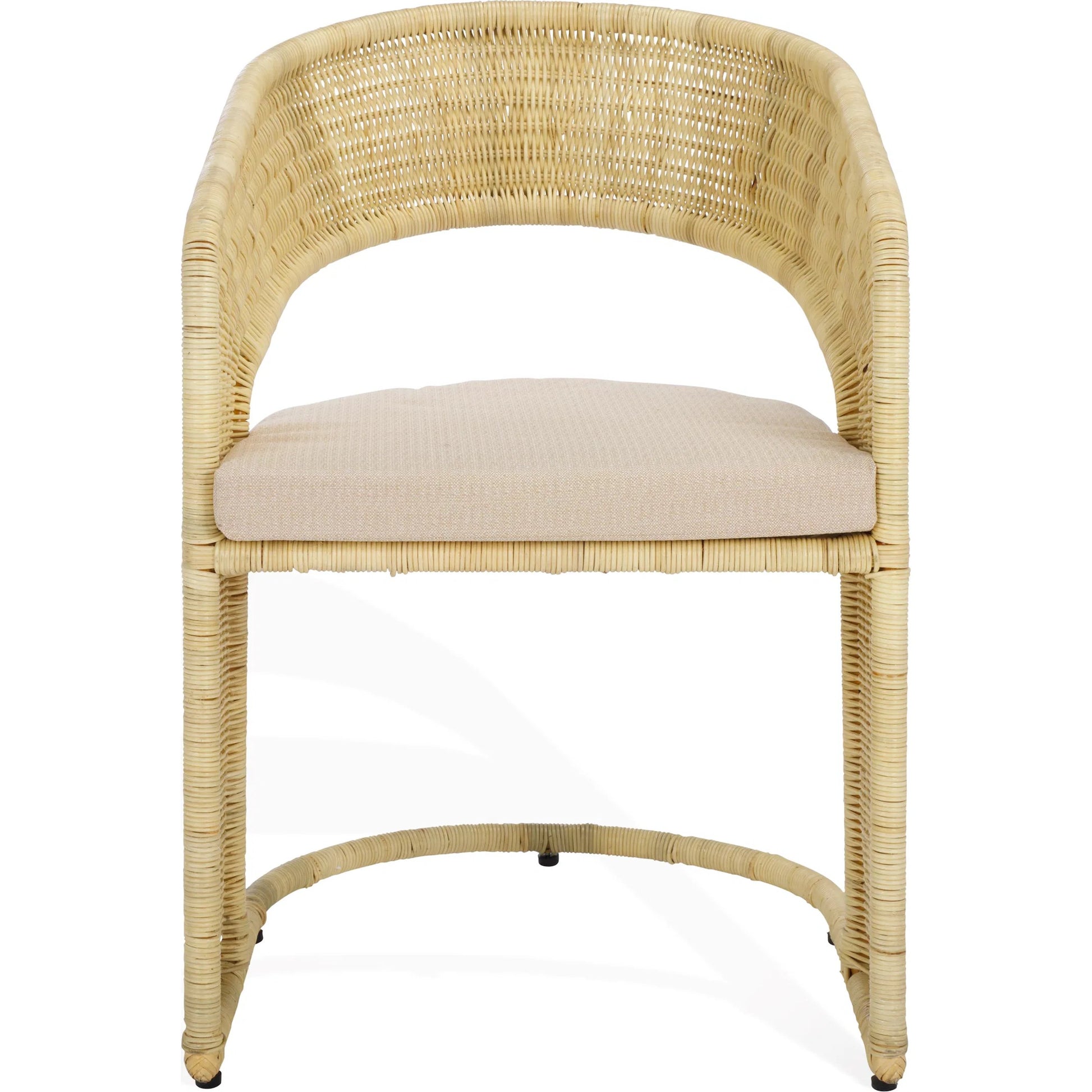 Lees Rattan Dining Chair by HedgeApple Essentials in natural, white. Made from rattan, iron, performance linen (100% polyester), foam (eon white d23) in a rustic style.