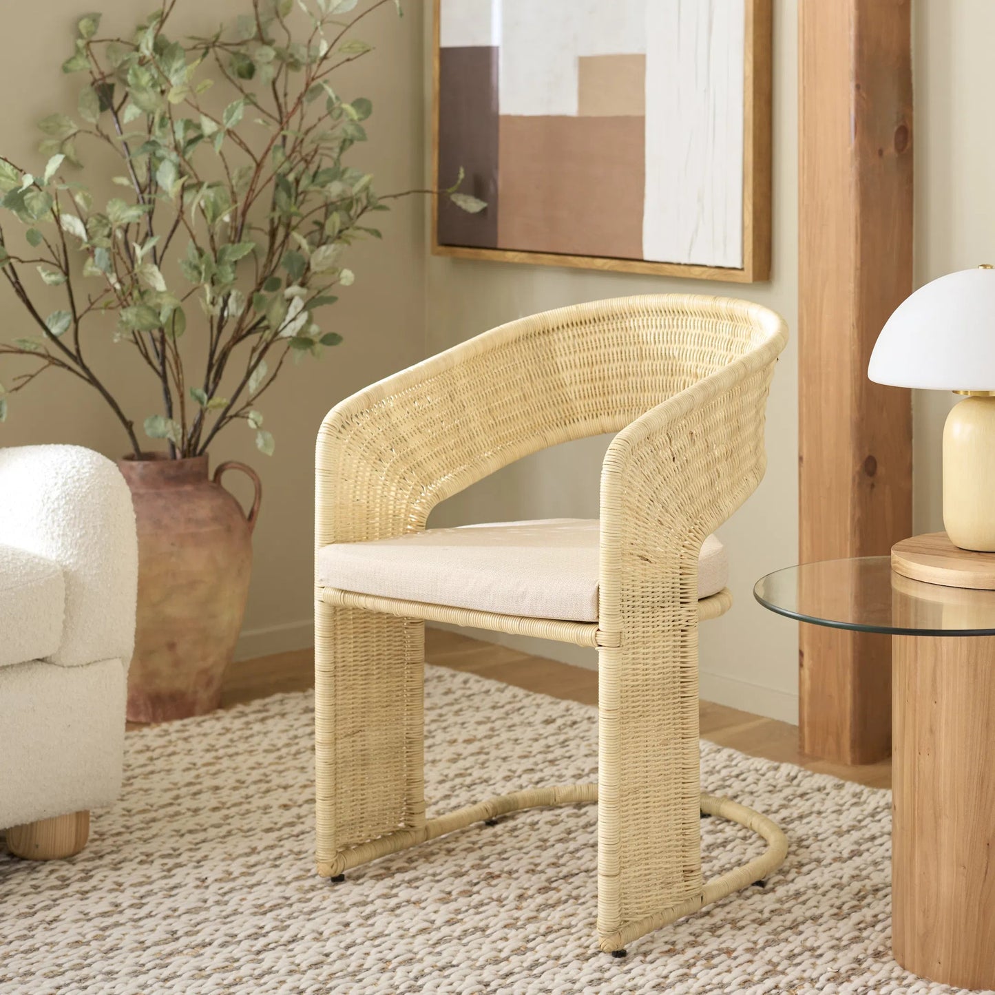 003 SI-2453927 | Lifestyle | Lees Rattan Dining Chair by HedgeApple Essentials in natural, white. Made from rattan, iron, performance linen (100% polyester), foam (eon white d23) in a rustic style.