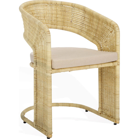 Lees Rattan Dining Chair by HedgeApple Essentials in natural, white. Made from rattan, iron, performance linen (100% polyester), foam (eon white d23) in a rustic style.