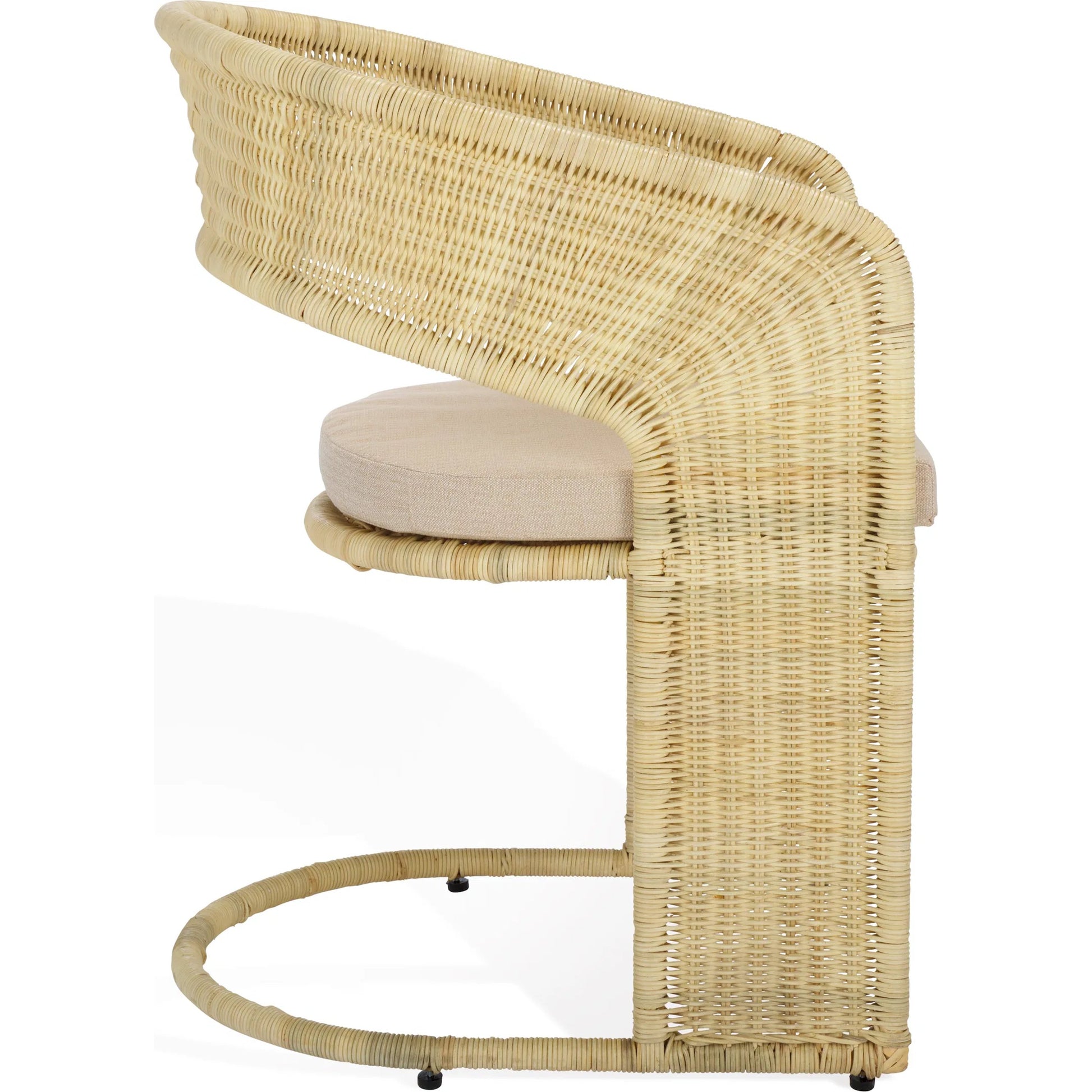 Lees Rattan Dining Chair by HedgeApple Essentials in natural, white. Made from rattan, iron, performance linen (100% polyester), foam (eon white d23) in a rustic style.