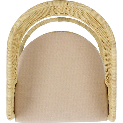Lees Rattan Dining Chair by HedgeApple Essentials in natural, white. Made from rattan, iron, performance linen (100% polyester), foam (eon white d23) in a rustic style.