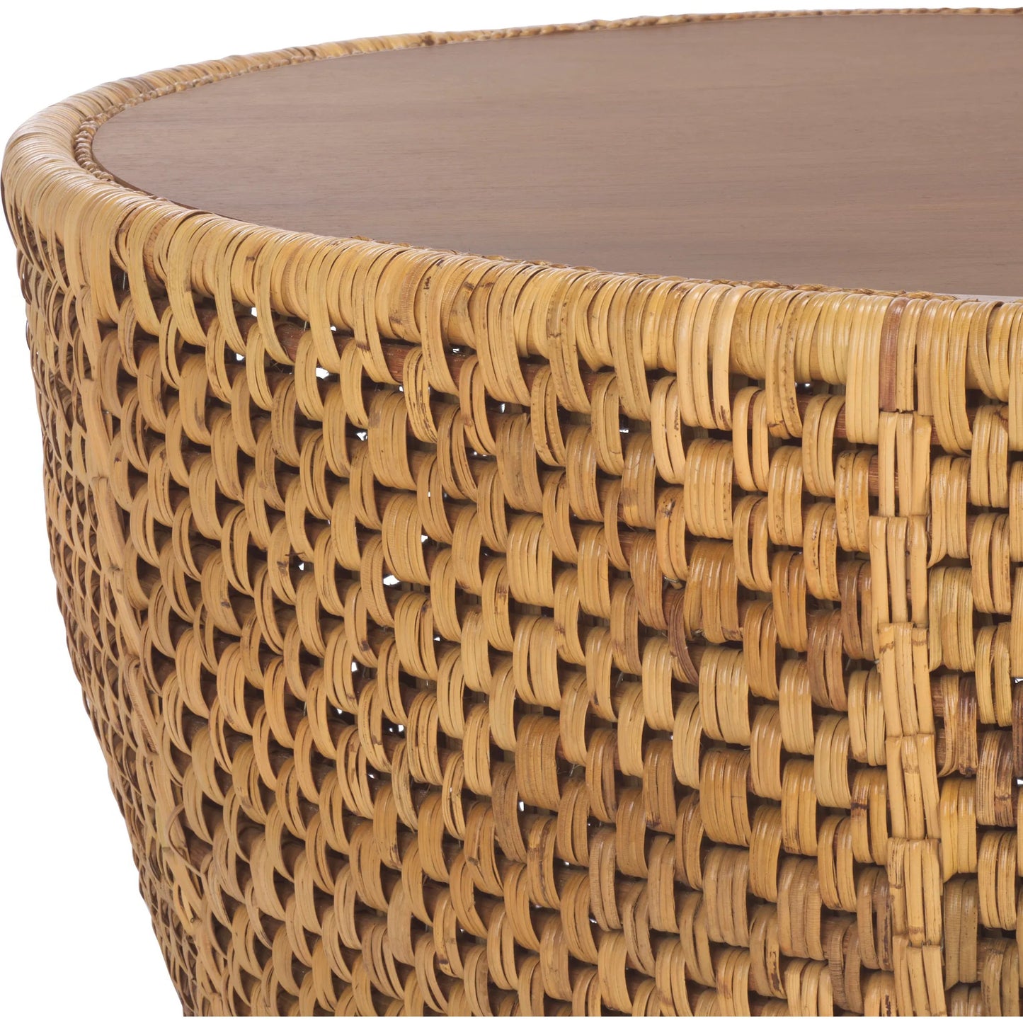 001 SI-2453930 | Closeup | Craighead Rattan Round Coffee Table by HedgeApple Essentials in natural. Made from plywood, rattan in a rustic style.