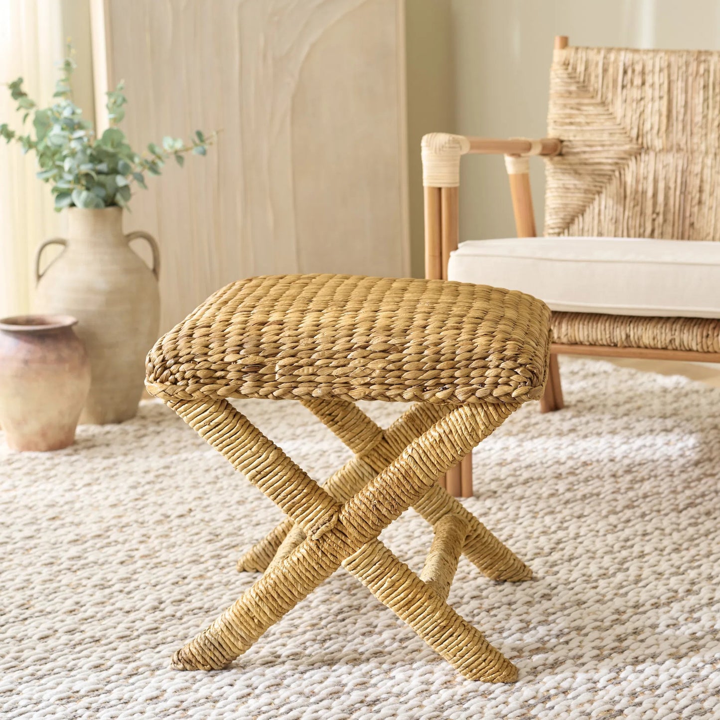 002 SI-2453931 | Lifestyle | Wibaux Waterhyacinth Stool by HedgeApple Essentials in natural. Made from mahogany wood, abaca in a rustic style.