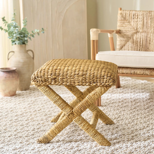 Wibaux Waterhyacinth Stool by HedgeApple Essentials in natural. Made from mahogany wood, abaca in a rustic style.