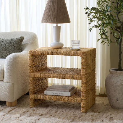 Sedgwick Abaca Accent Table by HedgeApple Essentials in natural. Made from mahogany wood, plywood, woven abaca in a unique style.