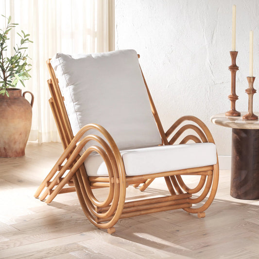Forrester Rattan Accent Chair by HedgeApple Essentials in natural, white. Made from ratan pole linen (100% polyester) polyurethane foam in a unique style.