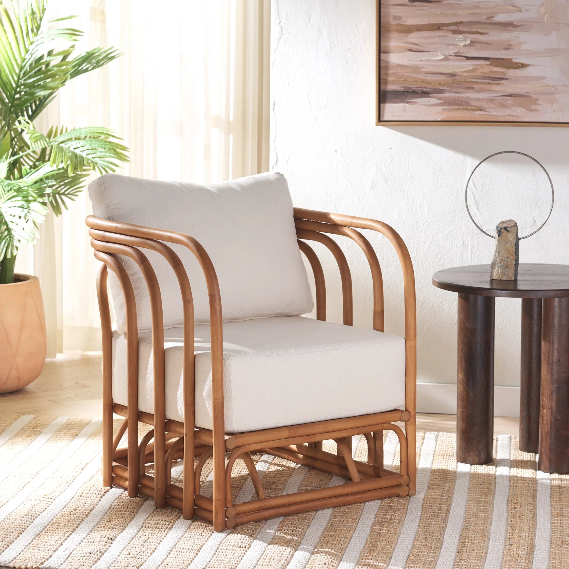 Ballard Rattan Accent Chair by HedgeApple Essentials in natural, white. Made from ratan pole linen (100% polyester) polyurethane foam in a transitional style.