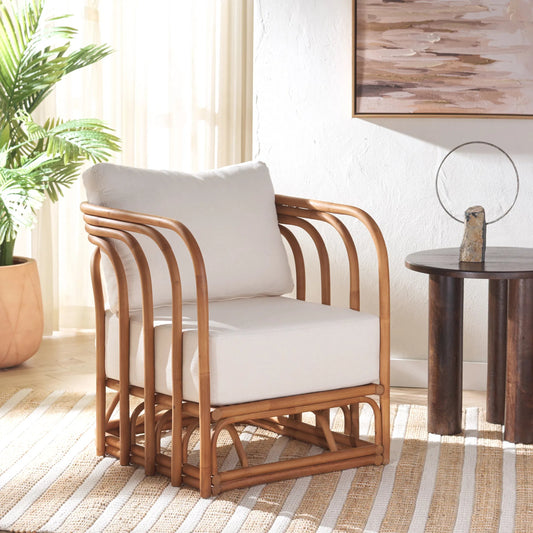 Ballard Rattan Accent Chair by HedgeApple Essentials in natural, white. Made from ratan pole linen (100% polyester) polyurethane foam in a unique style.